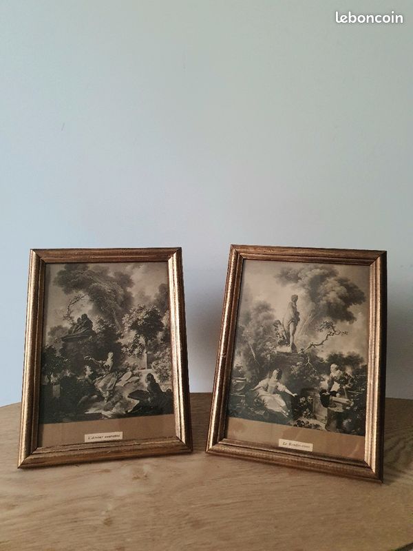 Deux élégants petits cadres avec des impressions anciennes reprenant deux célèbres tableaux de Frago (image 10)