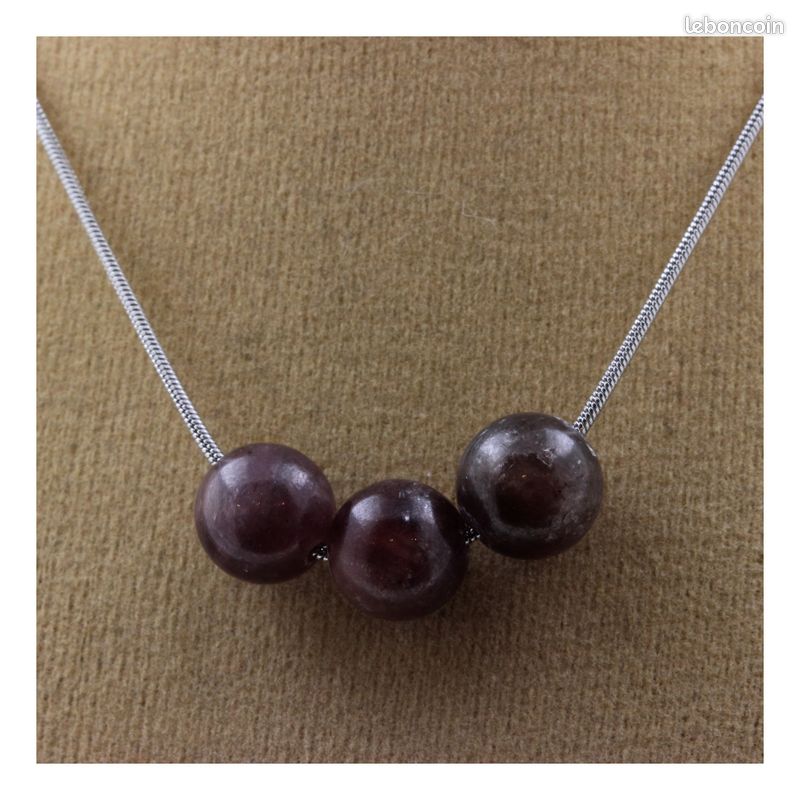Collier 3 perles Rubis de Mogok, Birmanie, Myanmar 8 mm chaine en acier inoxydable (image 1)