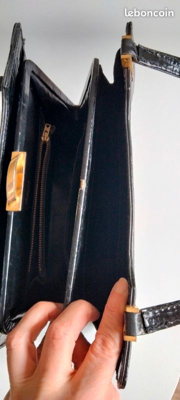 Sac Vintage SCAPIN En Cuir Rigide Vernis Noir Effet Croco - Très Bon État Occasion
