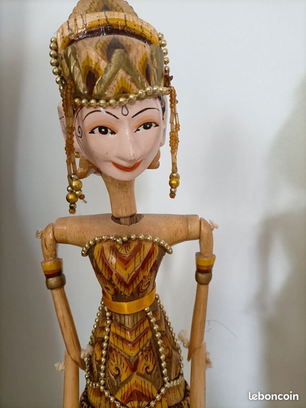 Marionnette à Tiges Indonésienne Vintage - Bois Sculpté - 44,5 Cm - Sur Socle