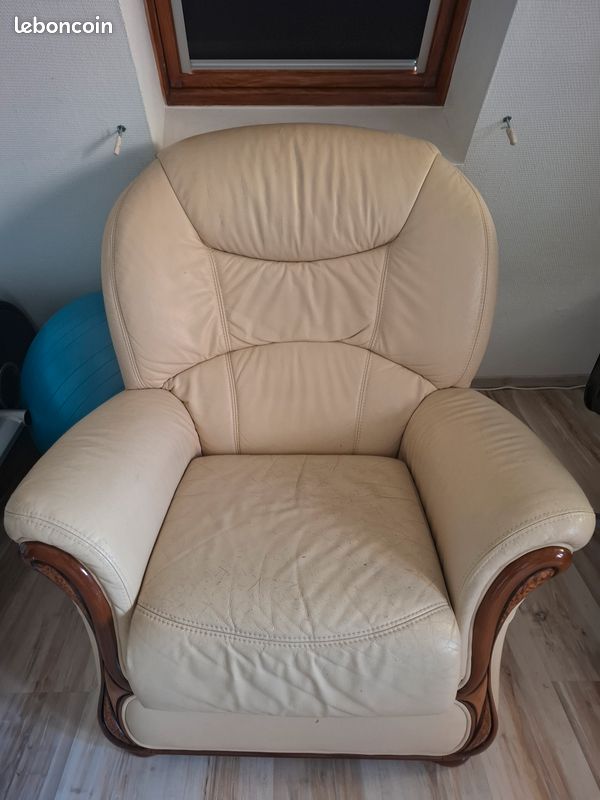 Fauteuil de salon en cuir beige (image 1)