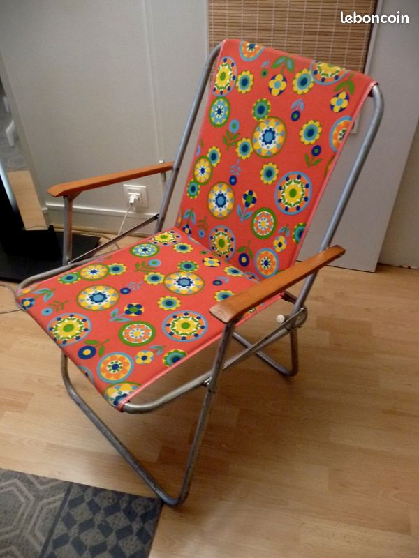 2 Fauteuils Camping Ancien Tissu Raye Orange Rouge Retro