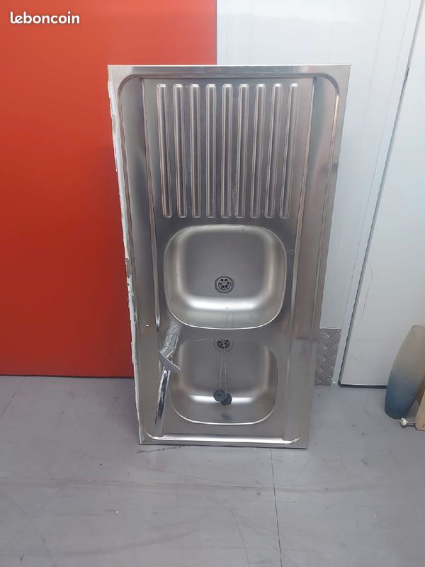 Bac 2 éviers pour cuisine et meuble support avec 3 portes (image 2)