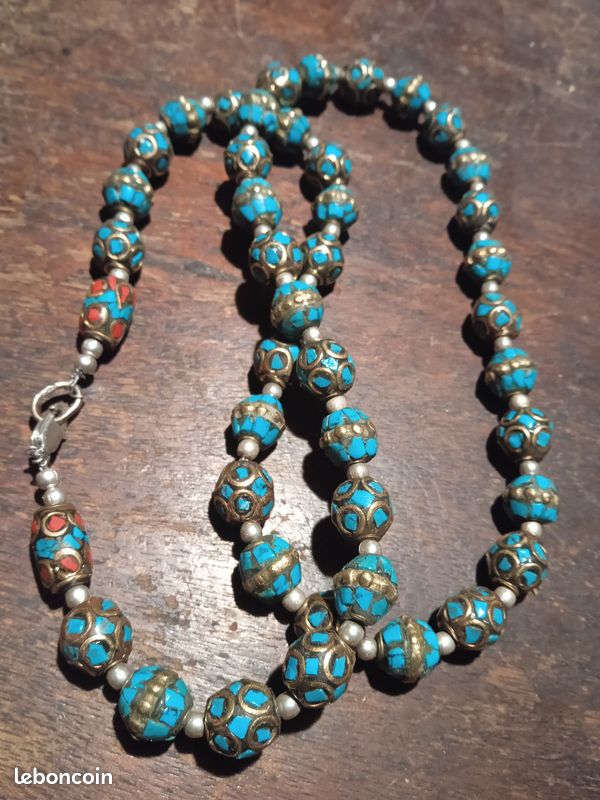 Collier Ethnique Népalais Argent 925 - Corail Naturel Et Turquoise - Longueur 45 Cm