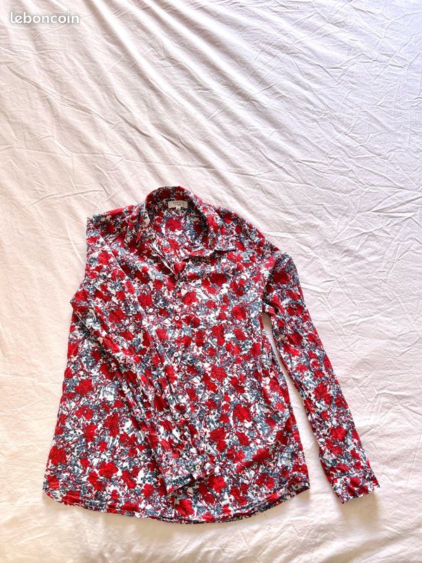 Chemise Homme Club Room Rouge à Fleurs Palmiers - Satin Brillant - 55% Lin 45% Rayon - Taille XL - Occasion Très Bon état