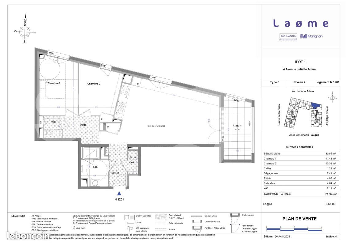 Appartement 2 pièces 71 m² · à Nantes · 71 m² · 856 €/mois