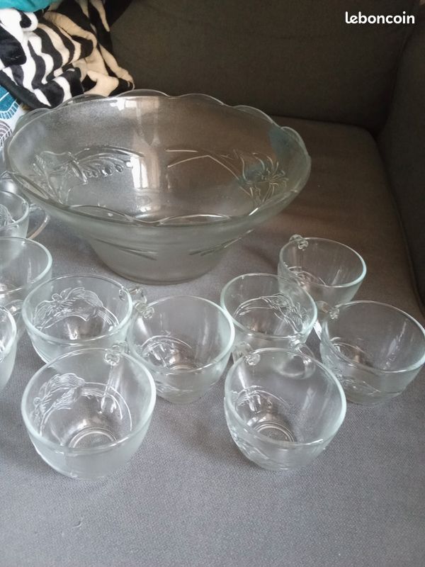 Service à Punch Vintage, 12 Verres, Motif Grappe De Raisin - Verre