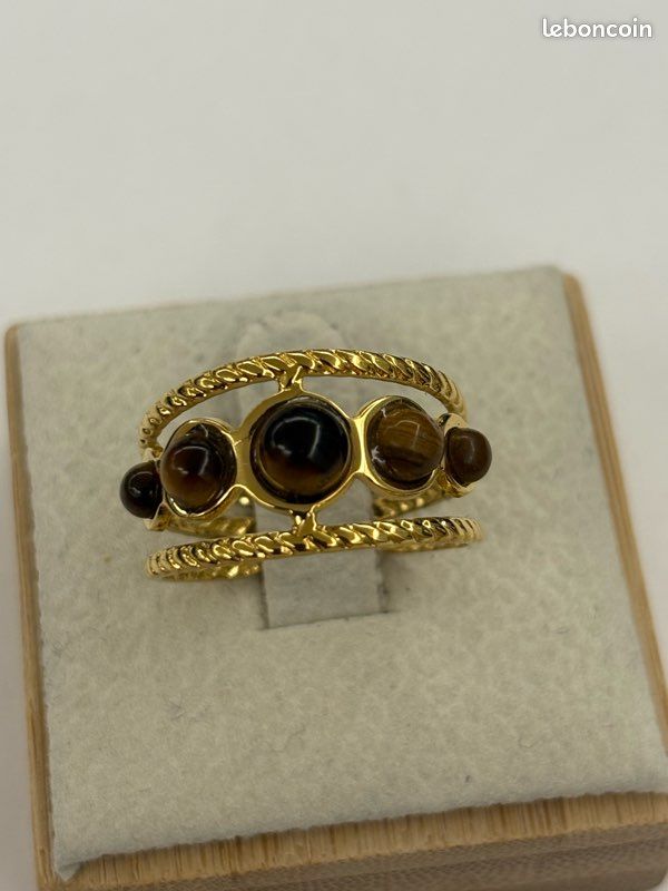 Bague dorée pierre marron acier inoxydable (image 1)