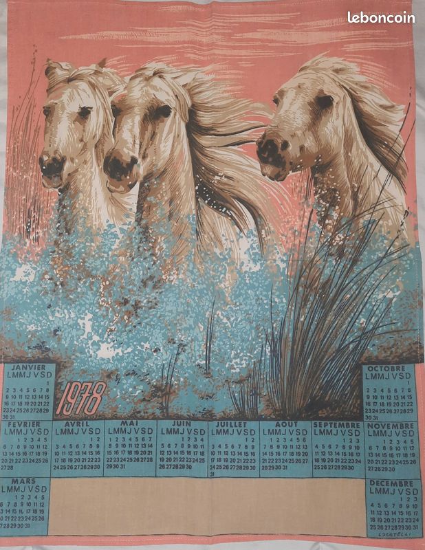 Torchon ancien calendrier 1979 chalet et fleurs