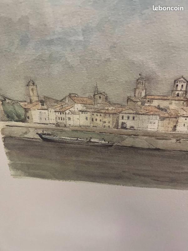 Lithographie signée encadrée. Représentation d’un quai et de sa ville en arrière plan (image 4)