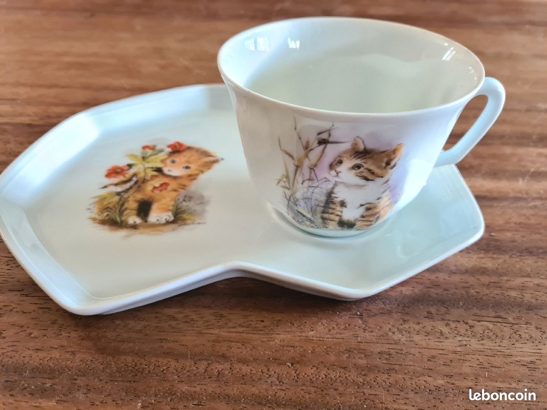 Tasse assiette chat porcelaine (image 1)
