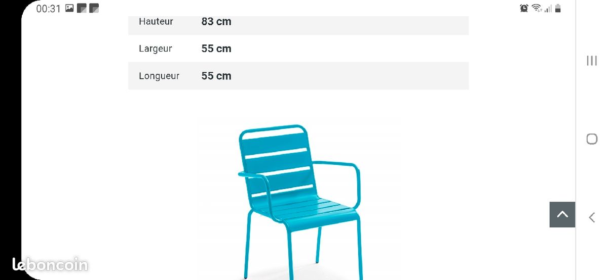 NEUF : Table pliable/ rabattable carrée (70 X 70 cm) et 4 fauteuils balcon métal bleu (image 3)