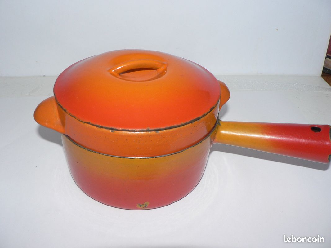 Recipient ancien Le Creuset 2 fondue vintage caquelon émaillé orange fonte numéroté LN 16 couvercle - Arts de la table