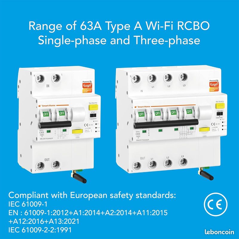 Disjoncteur monophasé différentiel 30mA type A connecté WIFI Tuya "Smart RCBO" - Disjonctions : Courant de Fuite, Surintensité, Surtempérature, Surpuissance, Sous/Surtension - Alexa - Enregistrement (image 2)