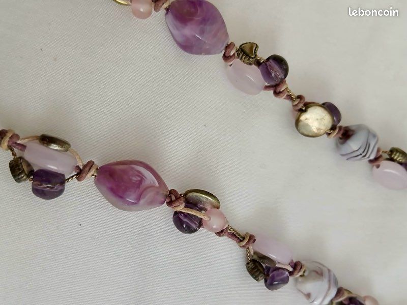 Collier Perles Améthyste + Calcédoine Lavande + Pierre De Lune 8 Mm Chaine En Acier Inoxydable