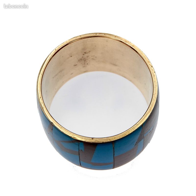 Large bracelet manchette vintage années 70 en laiton et résine bleue et marron, motif abstrait graphique, bijou design statement (image 5)