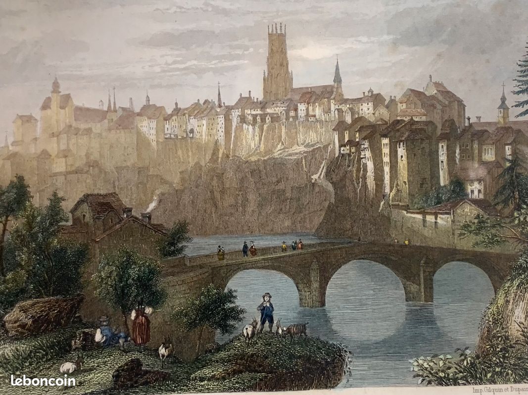 Gravure encadrée, ville de Fribourg en Suisse par J.SCHROEDER, GILQUIN et DUPAIN (image 3)