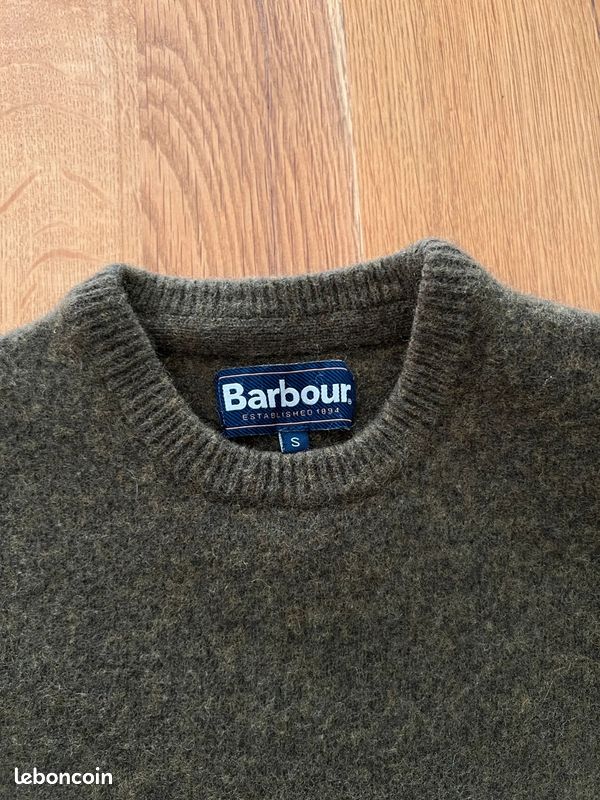 Pull Barbour Homme vert Olive 100% laine coudières marron Taille XS (image 7)