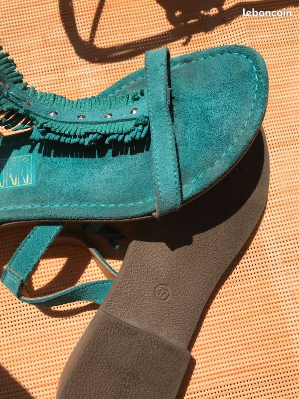 Sandales plates cuir dain turquoise T37 (image 4)