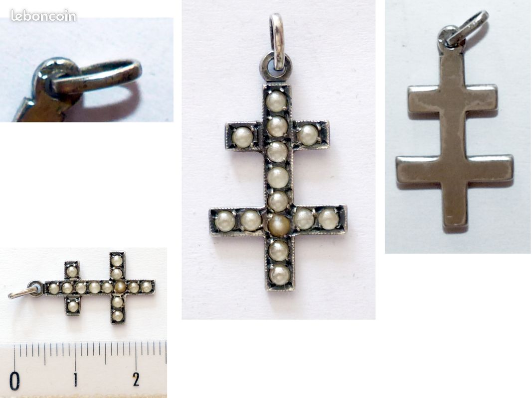 Ancienne Croix de Lorraine Argent Perles (image 1)