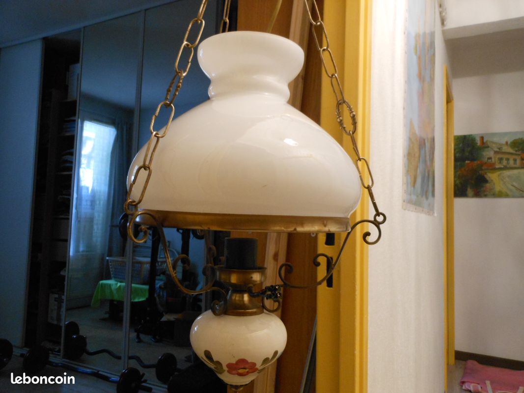Lampe lustre vintage opaline laiton (image 1)