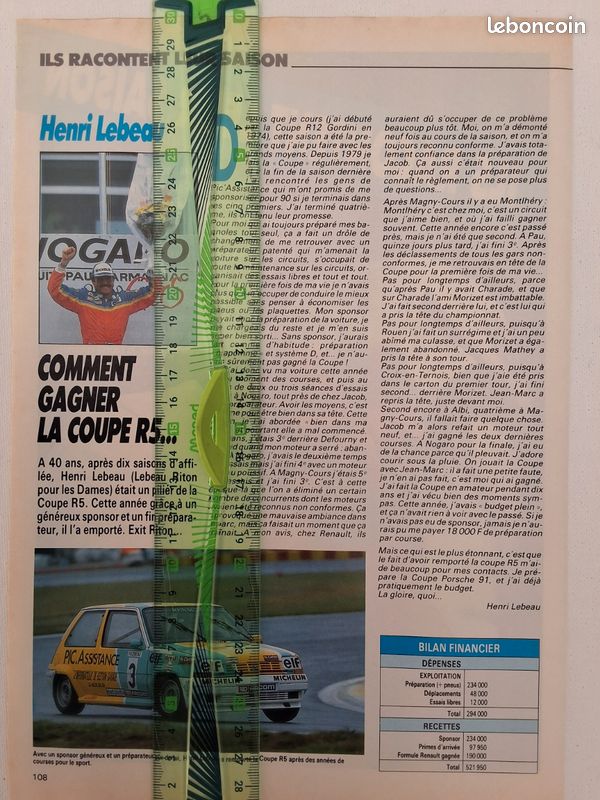 Article de Presse d'époque de 1991 ils racontent leur saison : Henri Lebeau, Coupe Renault 5 Gt Turbo (image 2)