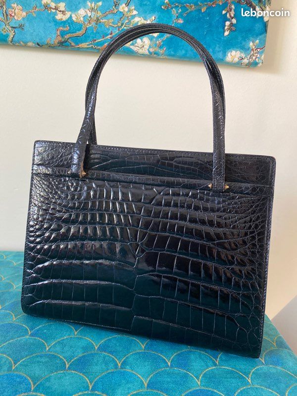 Sac à Main Vintage En Crocodile Noir - Chaîne Argentée - Fabriqué En France à La Main - Très Bon état