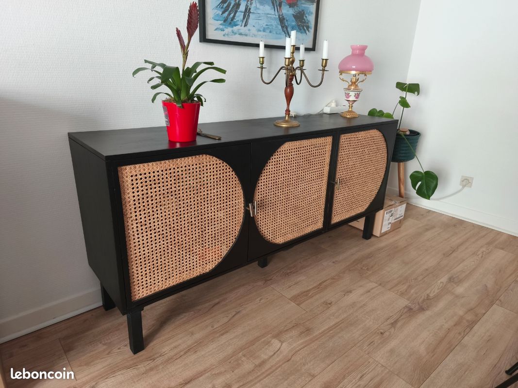 Buffet enfilade noir cannage rotin 160x40x75,5cm (image 2)