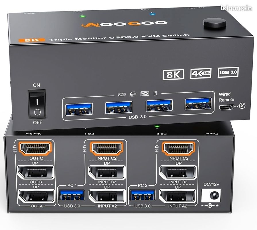 Commutateur KVM 3 Moniteurs / 3 PC - DisplayPort HDMI USB 3.0 - Supporte 4K @ 60 Hz - Pour Bureau, Conférence, Gaming