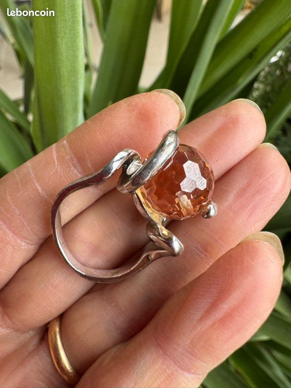 Bague En Argent Sterling 925 Avec Citrine Et 4 Diamants - Taille 52, Occasion