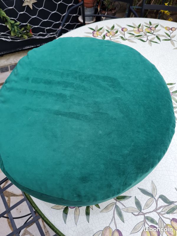 Grand Pouf rond,tissu vert foncé, vintage (image 2)