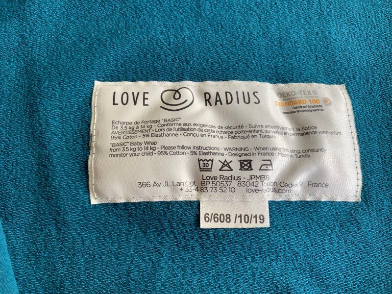 Echarpe de portage Originale - Love Radius - Bleu paon - poche gris éléphant