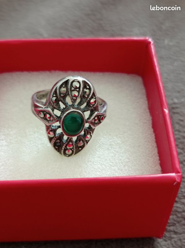 Bague Cocktail Ancienne En Or 18k Et Argent, Agate Marron Et Marcassite - Style Vintage Circa 1900