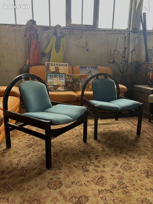 Paire de fauteuils Baumann Argos vintage, tissu bleu d’origine (image 2)