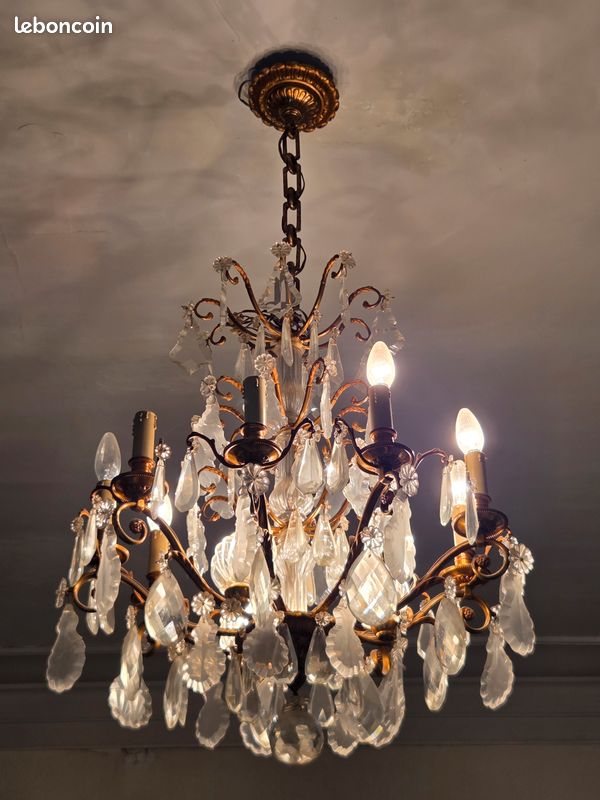 Lustre Cage Ancien en bronze et cristal