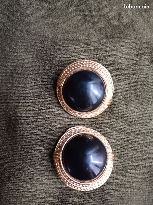 Boucles D'oreilles Clips Vintage Argenté Avec Cabochon Noir - Occasion En Très Bon état, Style Rétro