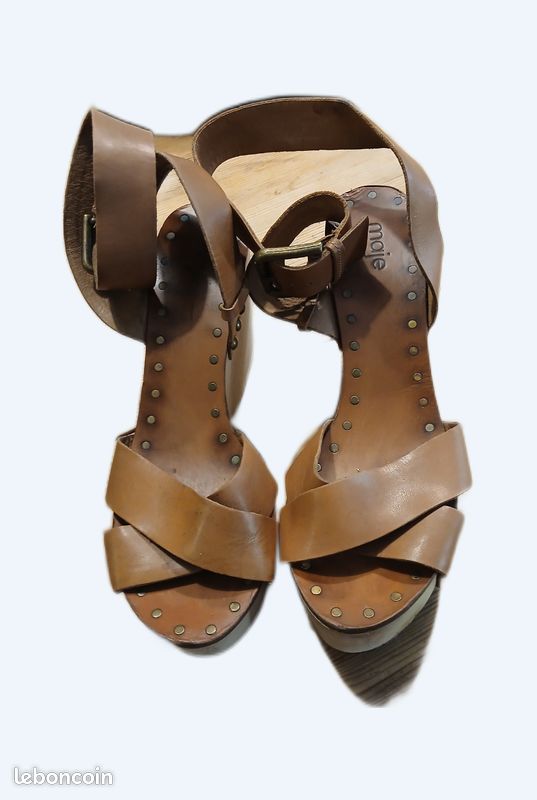 Sandales Compensées Camel en cuir véritable talons bois MAJE