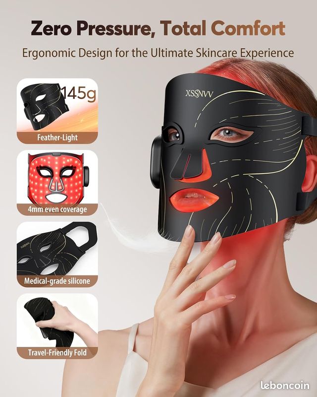 Masque LED Visage Sans Fil avec Refroidissement, 4 Modes Masque Luminothérapie Lumière Rouge & Infrarouge 850 nm, LED Mask, Télécommande, Autonomie 60 min, Réglable, avec Couvre-yeux, NVV01 (image 3)