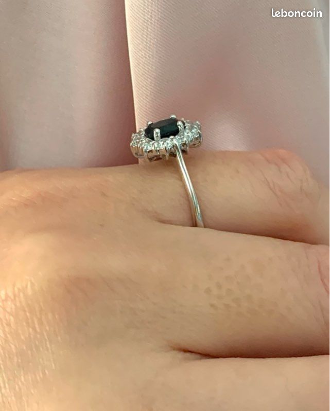 Bague Argent 925 Sertie Saphir & Cz - Taille 50, Modèle Fleur Marquise - Neuf Avec étiquettes Dolly-Bijoux