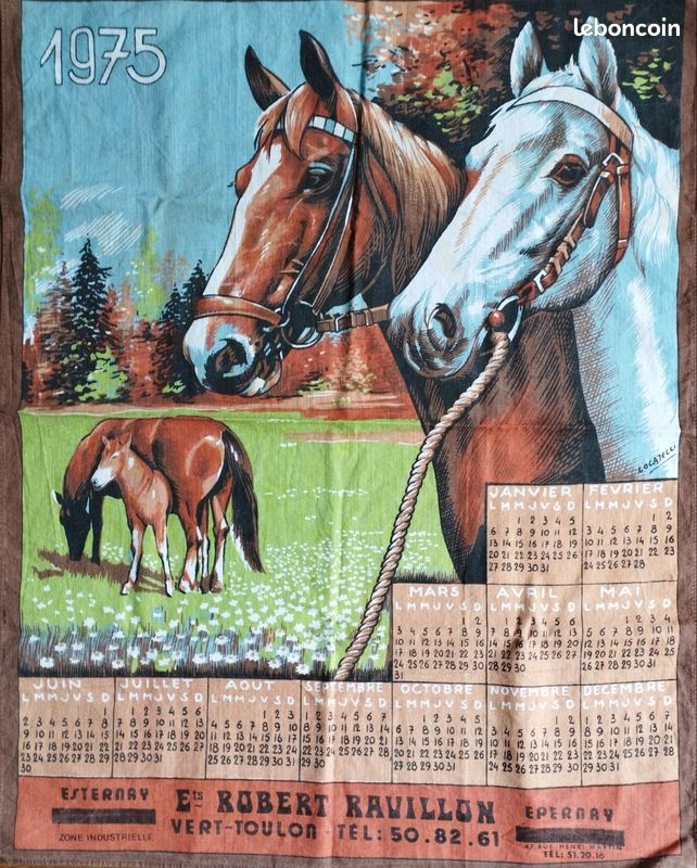 ANCIEN TORCHON COTON Paysage camargais + Flamands roses + Chevaux