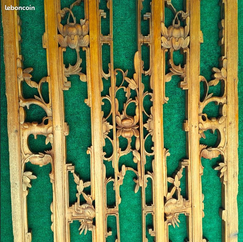 Ancien grand panneau chinois en bois sculpté fait main (image 6)