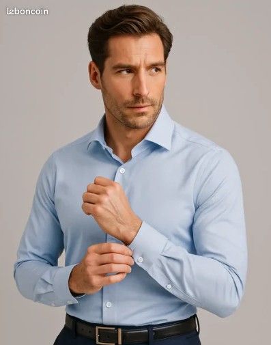 Chemise BIBA Superposée Bleu Clair Blanc Imprimé Argenté - Taille L, Occasion Bon état