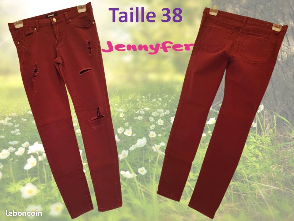 Pantalon Jean Rouge Bordeaux Stretch Cache Cache - Taille 38 - TBE Occasion