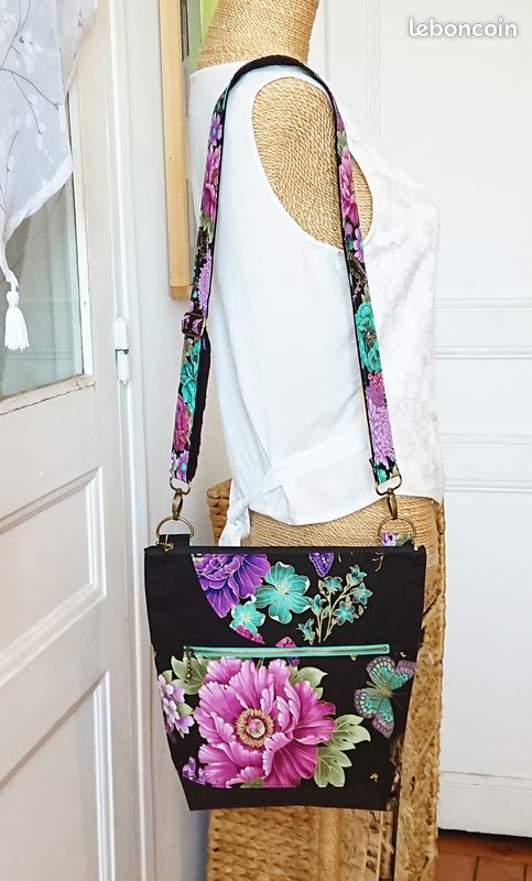 Sac à main tissu coton floral japonais, rose, turquoise, noir, triple ouverture, sangle ajustable (image 10)