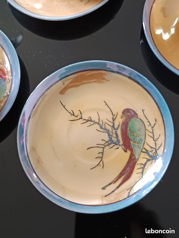 7 tasses et sucrier porcelaine japonaise Décor délicat d’oiseaux exotiques sur branches fleuries, (image 13)