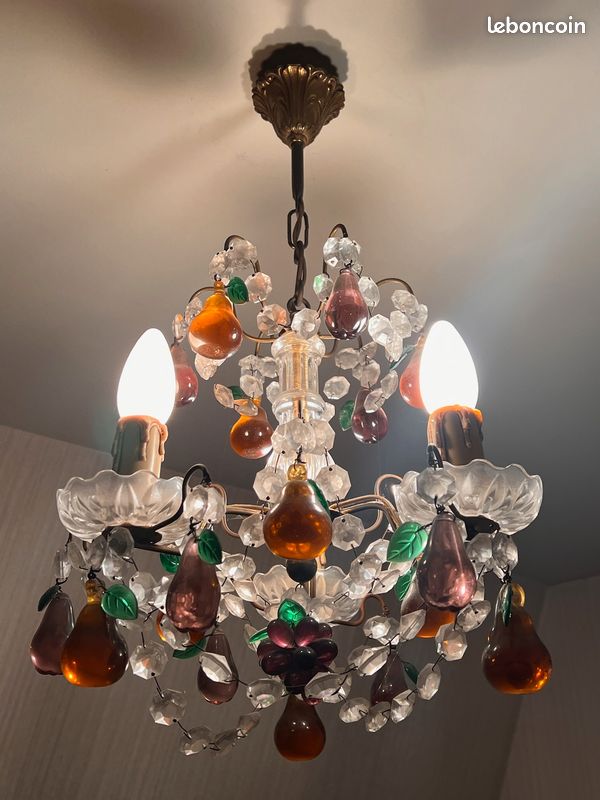 Lustre En Cristal Style Murano Avec Fruits Colorés - Doré, Ampoules E27, Occasion