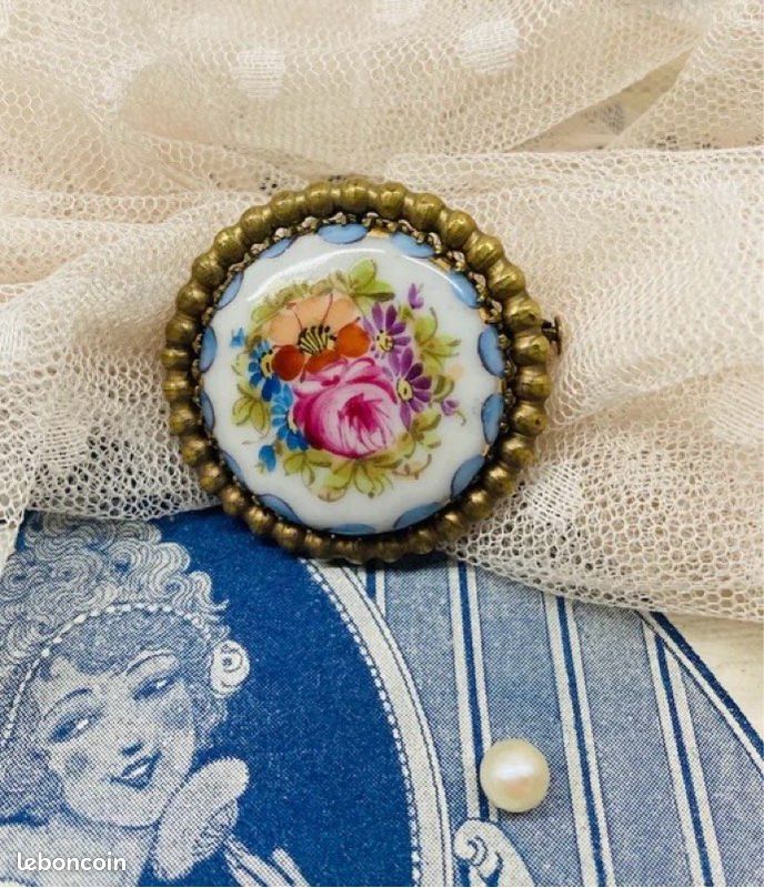 Broche Ancienne En Porcelaine - Bijou Vintage Occasion