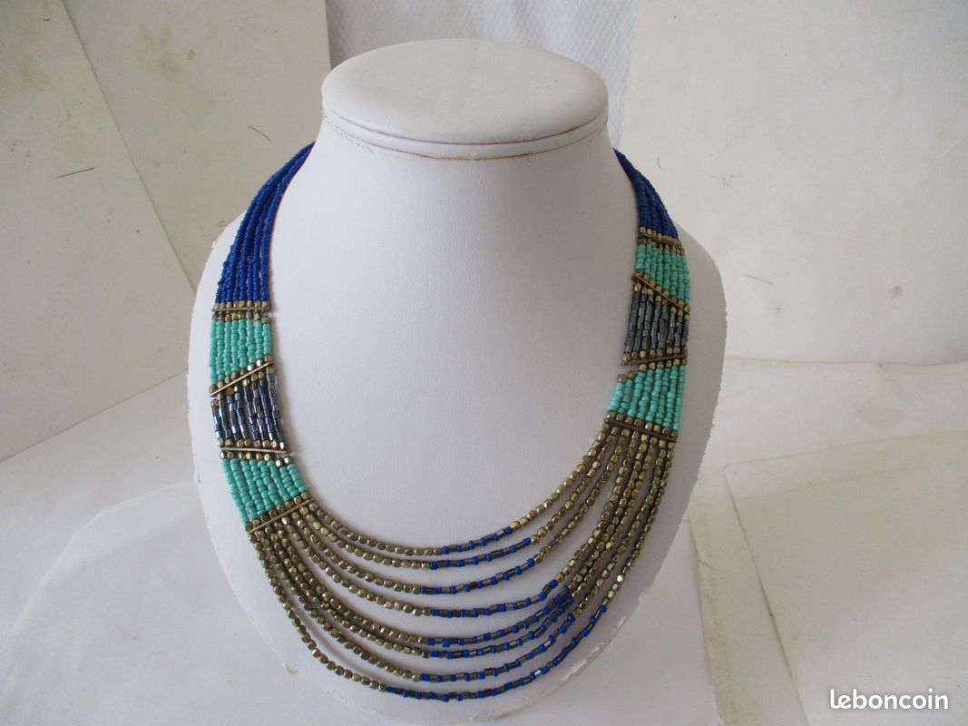 Collier Ancien Perles Pâte De Verre Bleu/vert - Bijou Vintage Fermoir Vis - 552