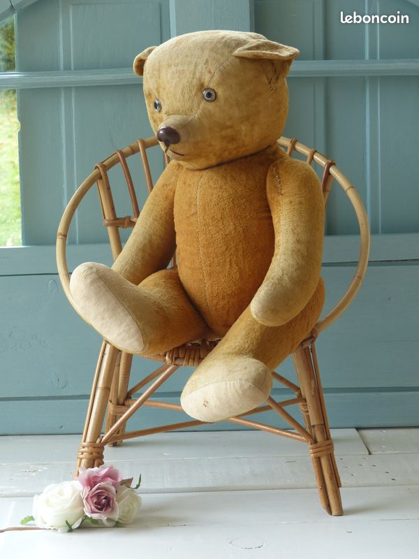 Ours En Peluche Ancien 1910-1930 – Velours Beige – Yeux En Verre – Nounours Vintage