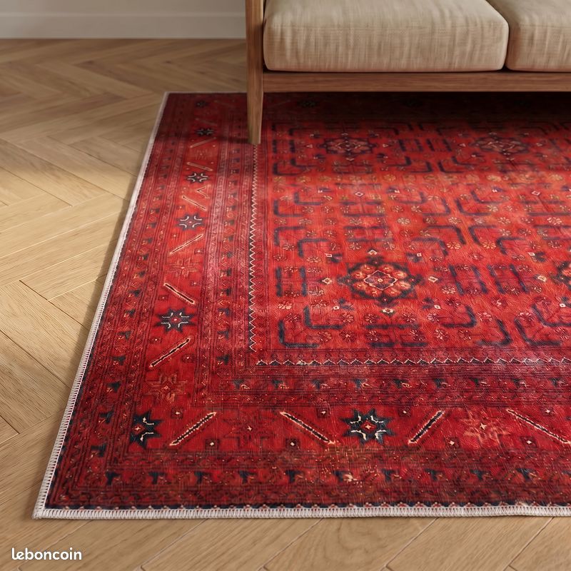 Tapis Vintage NEUF Coton 200X290 CM ROUGE Oriental lavable tapis de salon bohème (image 3)